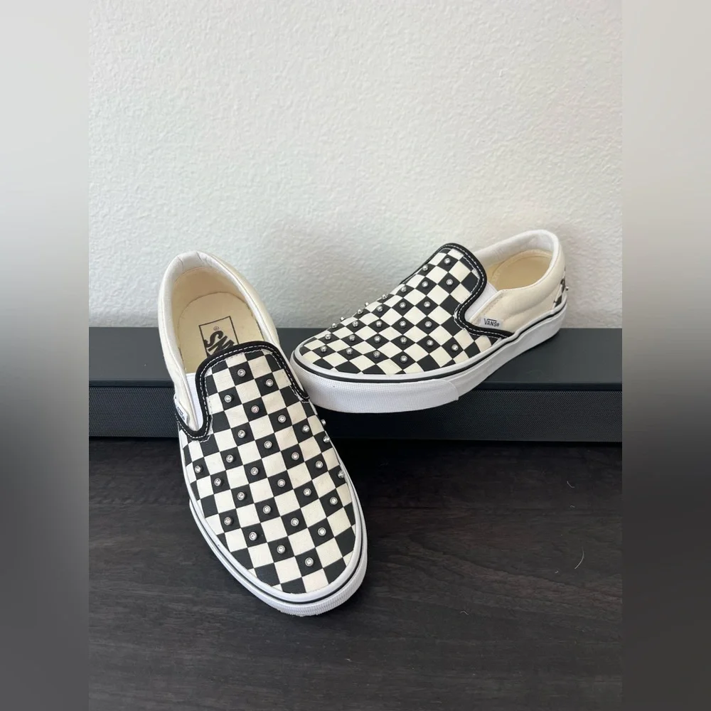 Vans Black and White Checkerboard Slip-Ons with Studs - Picture 1 of 7
